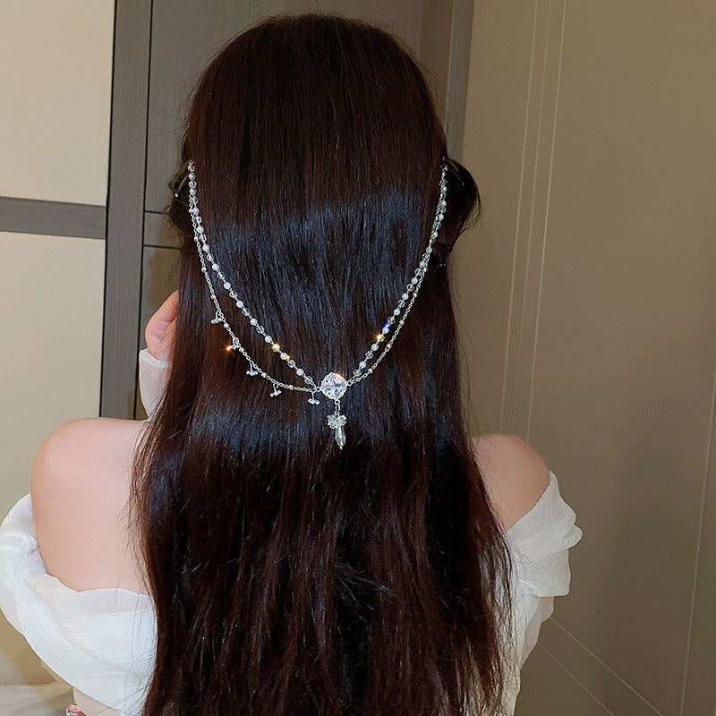 Pearl Crystal Water Drop Double Layer Hair Chain Personality