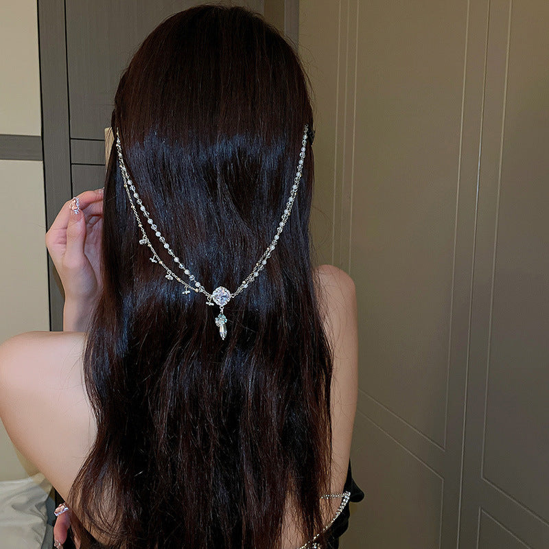 Pearl Crystal Water Drop Double Layer Hair Chain Personality