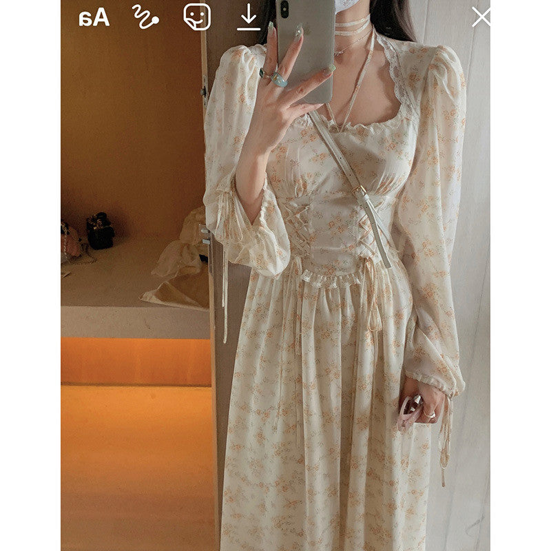 Apricot Crushed Lace Square Neck Long Sleeve Dress